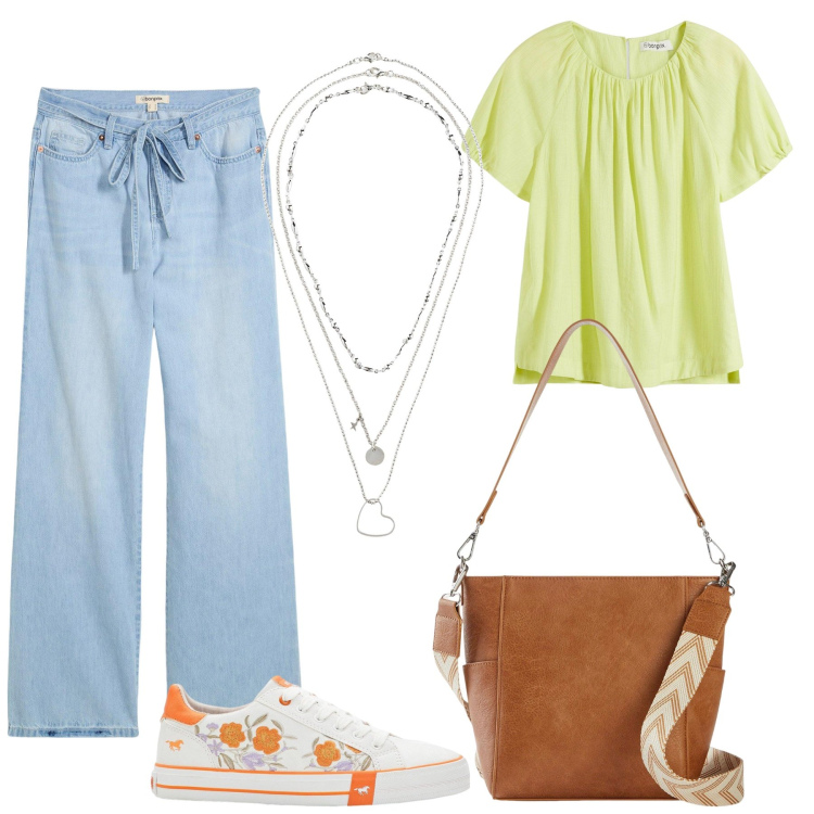 Outfit donna - Casual Basic e Fashion. Stile Basic per Tutti i giorni. Abbinamento con bluse, sneakers, collane, jeans, borse a tracolla.