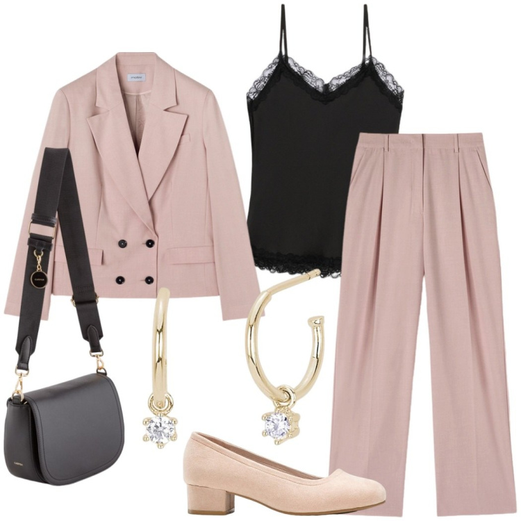 Outfit donna - In ufficio. Stile Chic per Ufficio. Abbinamento con décolleté, orecchini, blazer, borse a tracolla, top, pantaloni a palazzo.