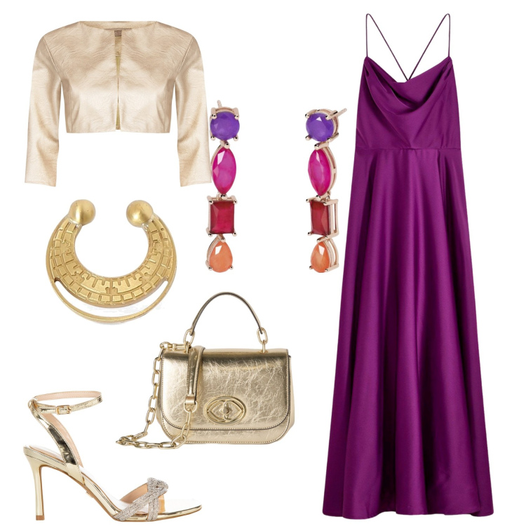 Outfit donna - Il vestito in raso. Stile Chic per Serata fuori. Abbinamento con vestiti, orecchini, bolero, sandali col tacco, borse a tracolla, orecchini.