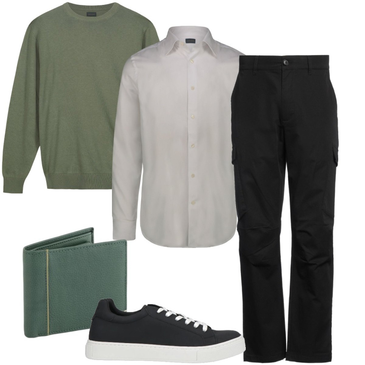 Outfit uomo - Dettagli verdi. Stile Urban per Ufficio. Abbinamento con pantaloni cargo, sneakers, camicie, portafogli, maglieria.