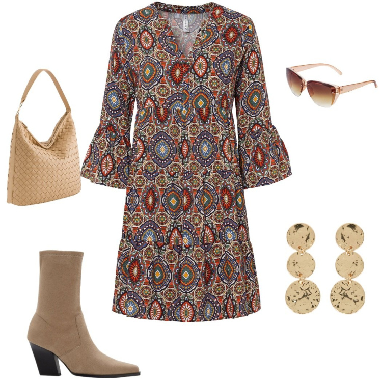 Outfit donna - Aperitivo. Stile Casual chic per Tutti i giorni. Abbinamento con vestiti corti, stivaletti, occhiali da sole, orecchini, borse a tracolla.
