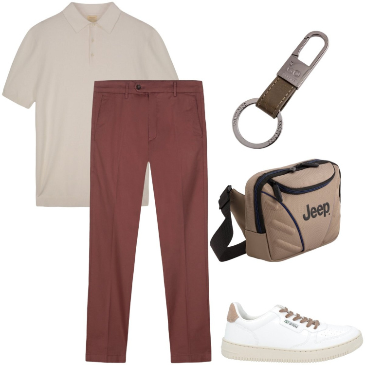 Outfit uomo - In ufficio. Stile Business/Elegante per Ufficio. Abbinamento con sneakers, pantaloni chino, borse sportive, portachiavi, polo.