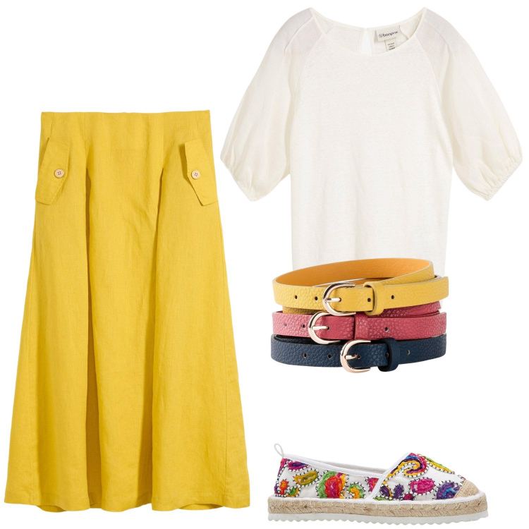 Outfit donna - Passeggiata in campagna. Stile Glamour per Tutti i giorni. Abbinamento con espadrillas, cinture, gonne, bluse.