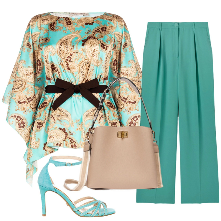 Outfit donna - Impegno di lavoro. Stile Casual chic per Ufficio. Abbinamento con bluse, sandali col tacco, pantaloni a palazzo, borse a secchiello.