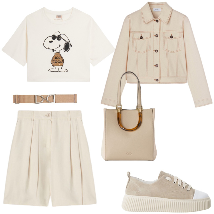 Outfit donna - La t-shirt in primo piano. Stile Trendy per Scuola/Università. Abbinamento con cinture, sneakers, t-shirt, shorts, blazer, shopping bag.