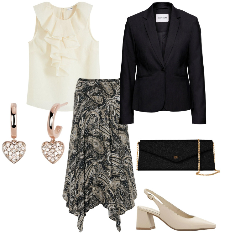 Outfit donna - Communione a giugno. per Cerimonia. Abbinamento con gonne longuette, blazer, décolleté, bluse, orecchini, pochette.