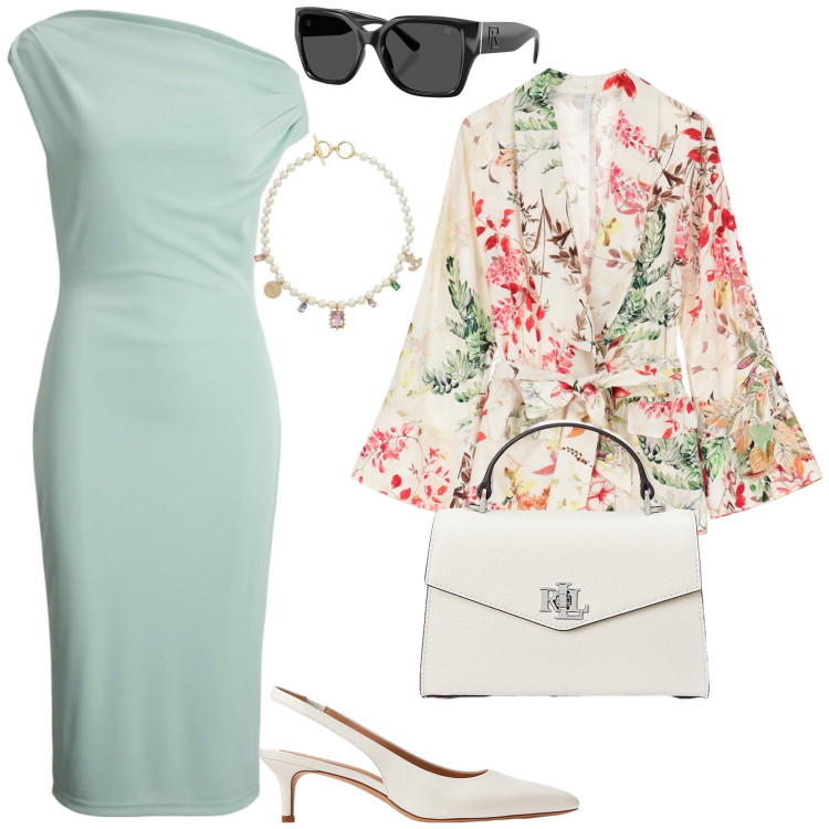 Outfit donna - Al caffè Domenica mattina. Stile Bon Ton per Tutti i giorni. Abbinamento con blazer, occhiali da sole, vestiti a tubino, ciondoli, décolleté, borse a mano.