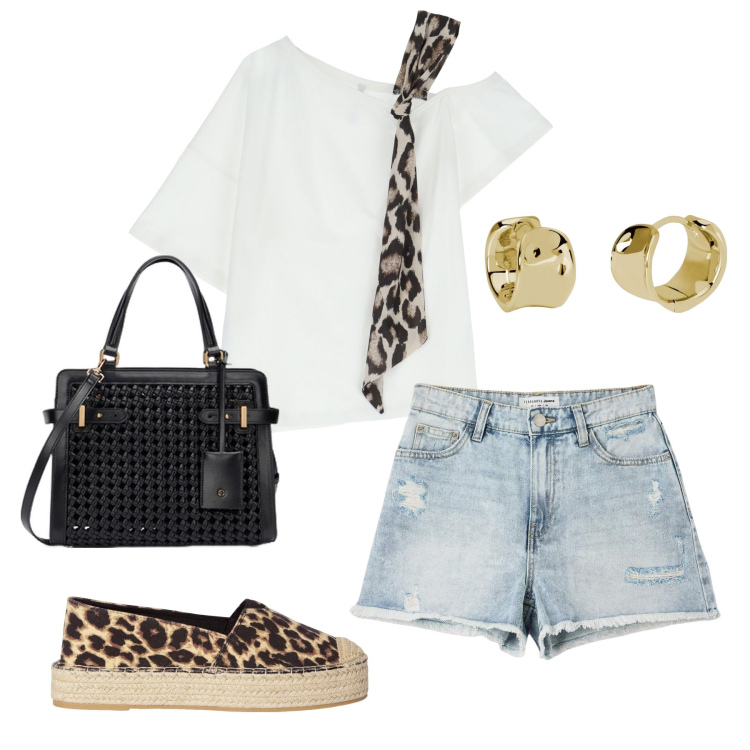 Outfit donna - Dettagli animalier. Stile Trendy per Mare. Abbinamento con shorts, espadrillas, orecchini, t-shirt, borse a mano.