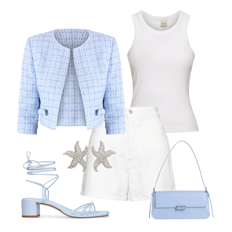 Outfit donna - Giacca in tweed. Stile Chic per Tutti i giorni. Abbinamento con borse a spalla, orecchini, shorts, blazer, sandali in pelle, canottiere.