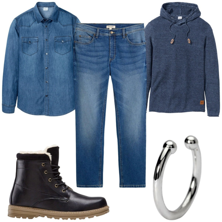 Outfit uomo - Total look #2119092. Stile Casual per Tutti i giorni. Abbinamento con jeans dritti, maglieria, stivali e stivaletti, camicie, orecchini.
