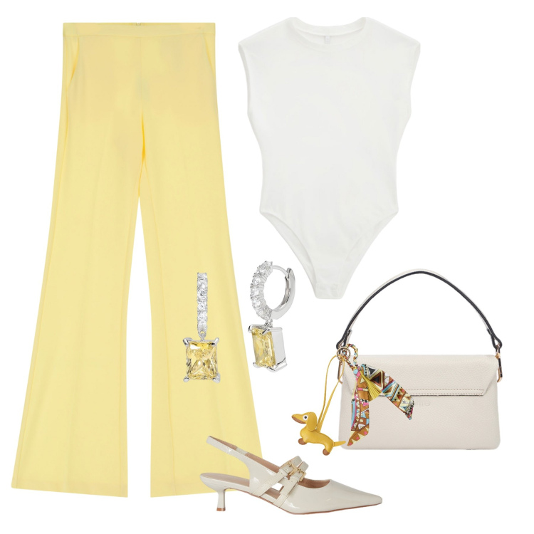 Outfit donna - Il giallo che fa tendenza. Stile Trendy per Tutti i giorni. Abbinamento con orecchini, pantaloni, top, portachiavi, décolleté, borse a tracolla.