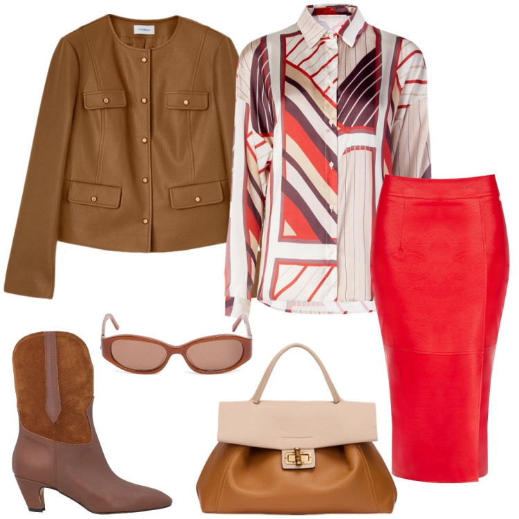 Outfit donna - Con grinta. Stile Trendy per Tutti i giorni. Abbinamento con stivaletti, gonne longuette, camicie, borse a tracolla, occhiali da sole, blazer.