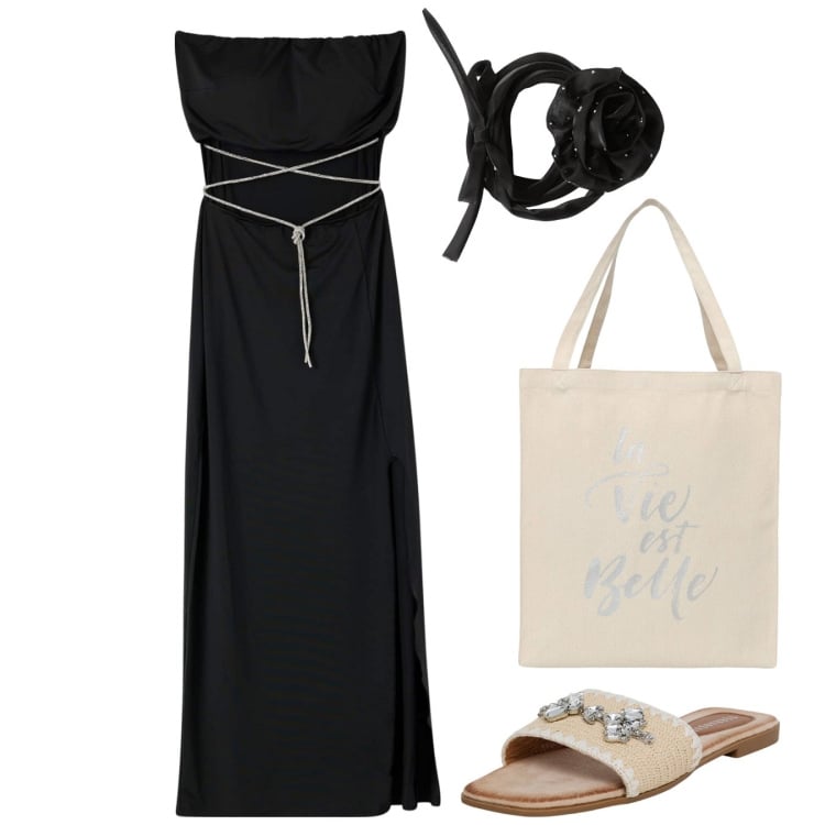 Outfit donna - Serata in spiaggia. Stile Chic per Mare. Abbinamento con collane, borse tote, vestiti lunghi, ciabatte.