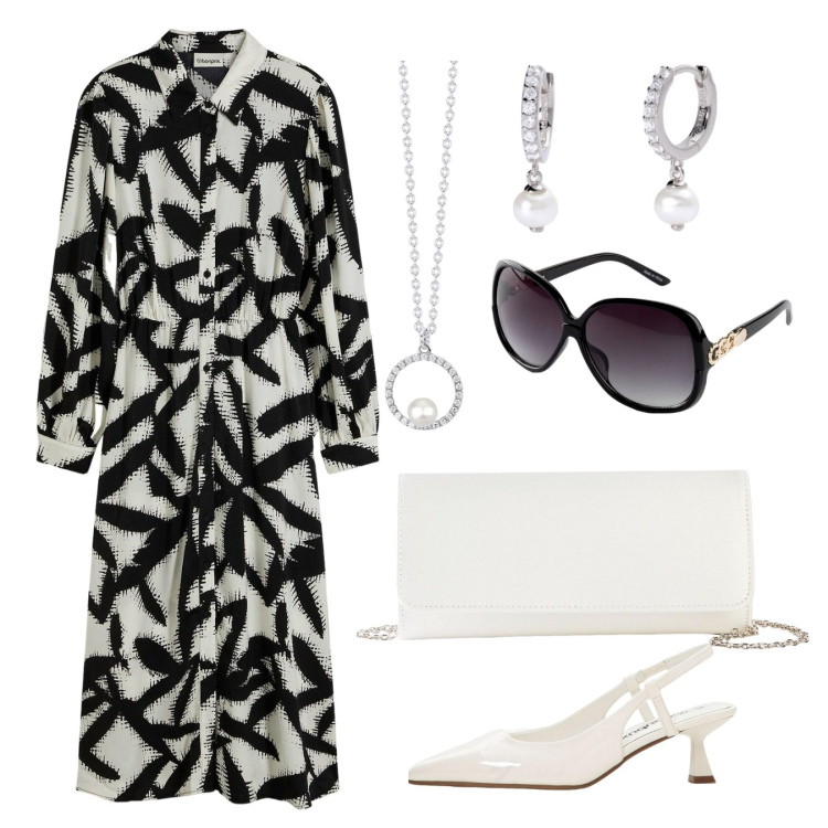 Outfit donna - Collane che passione. Stile Bon Ton per Cerimonia. Abbinamento con occhiali da sole, pochette, vestiti midi/longuette, décolleté, collane, orecchini.