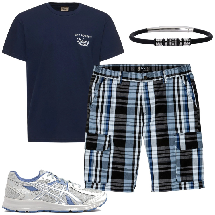 Outfit uomo - Weekend. Stile Casual per Tutti i giorni. Abbinamento con bermuda, braccialetti, sneakers, t-shirt.