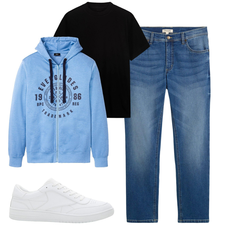 Outfit uomo - City. Stile Casual per Tutti i giorni. Abbinamento con jeans dritti, felpe con cappuccio, sneakers, t-shirt.