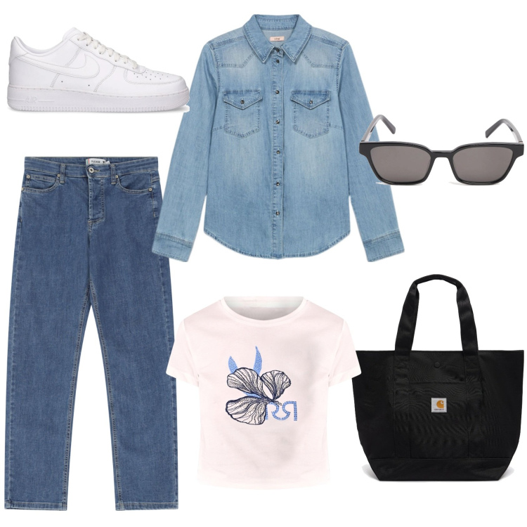 Outfit donna - Gita fuori porta. Stile Casual per Tutti i giorni. Abbinamento con jeans dritti, t-shirt, occhiali da sole, sneakers, borse tote, camicie.