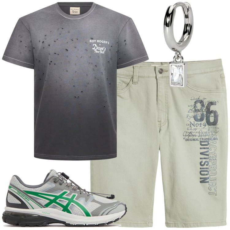 Outfit uomo - Weekend. Stile Casual per Tutti i giorni. Abbinamento con bermuda, orecchini, sneakers, t-shirt.