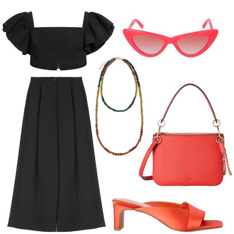 Outfit donna - Rosso e nero. Stile Casual chic per Tutti i giorni. Abbinamento con top, pantaloni a palazzo, occhiali da sole, borse a tracolla, ciondoli, sabot.