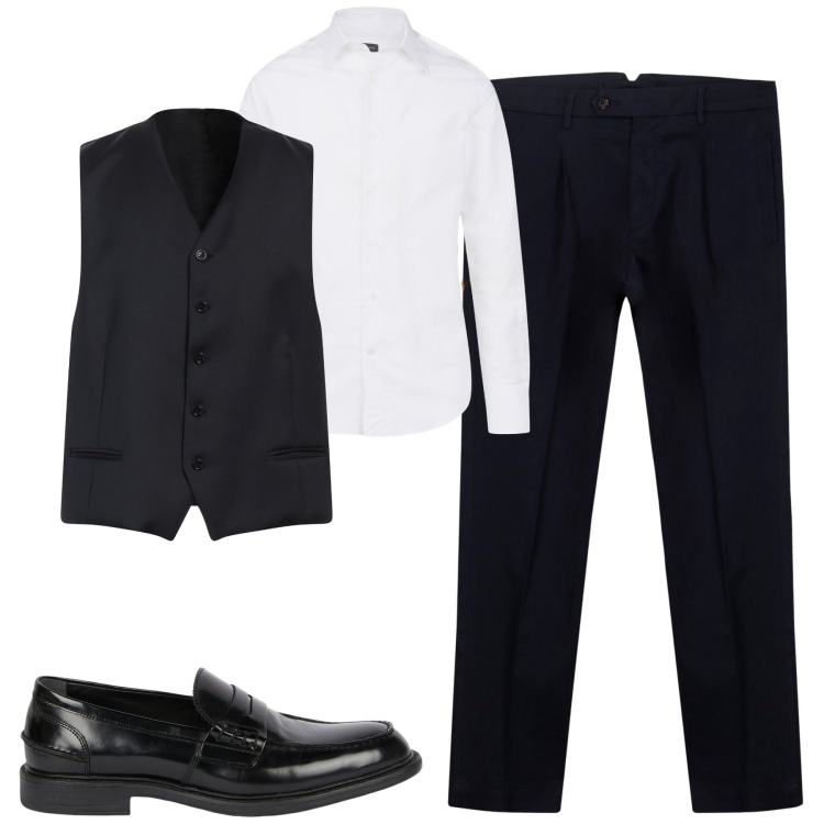 Outfit uomo - City. Stile Business/Elegante per Tutti i giorni. Abbinamento con gilet, camicie, scarpe stringate, pantaloni.