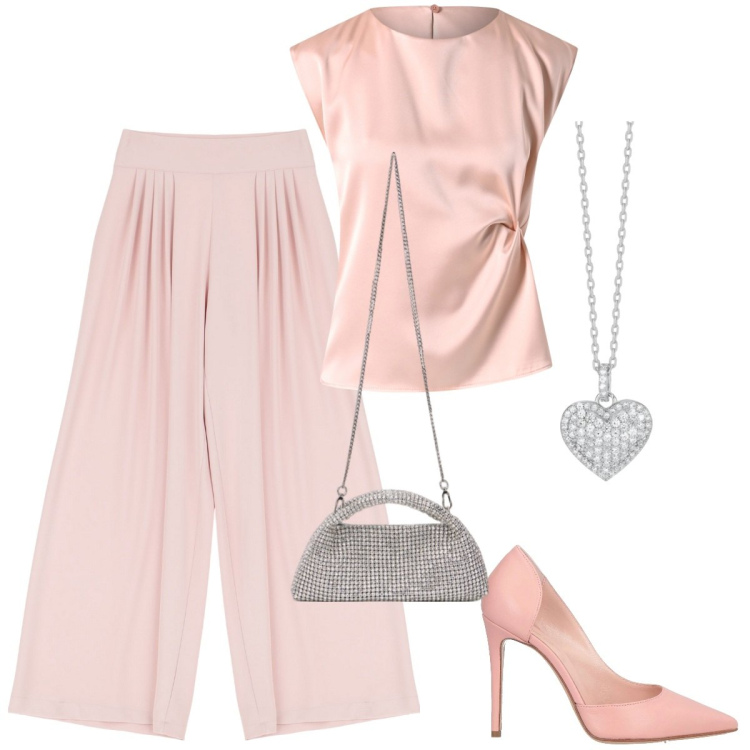 Outfit donna - Total look #2119215. Stile Chic per Cerimonia. Abbinamento con décolleté, collane, top, pantaloni a palazzo, clutch.