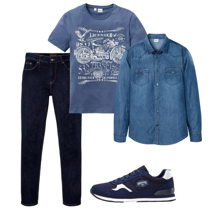 Outfit uomo - Total city. Stile Casual per Tutti i giorni. Abbinamento con jeans dritti, sneakers, t-shirt, camicie.