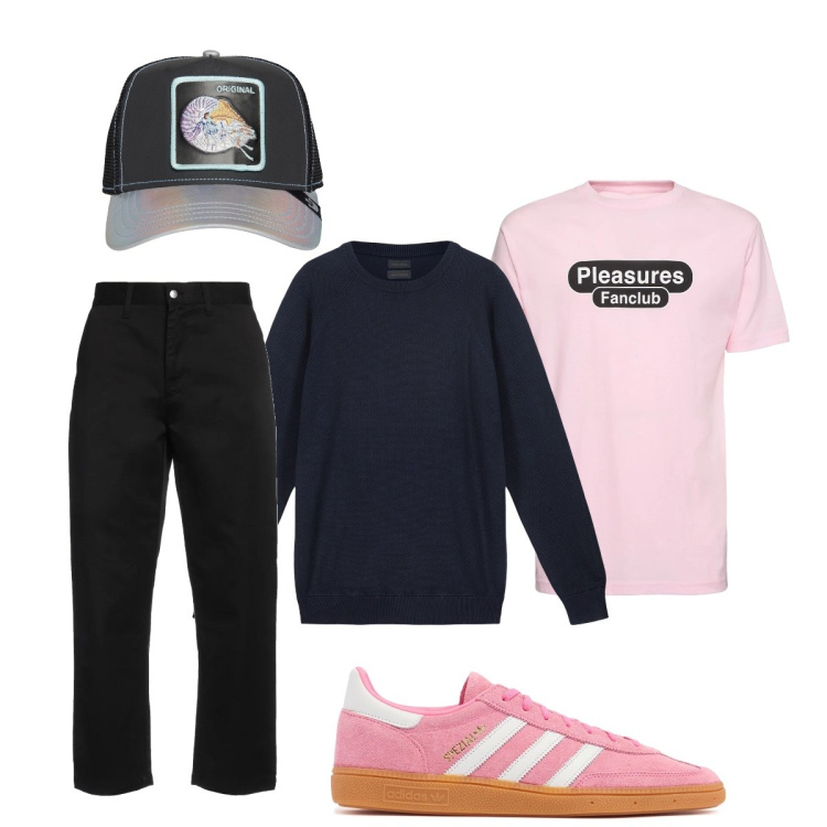 Outfit uomo - Total look #2119236. Stile Trendy per Tutti i giorni. Abbinamento con pantaloni chino, maglieria, cappelli con visiera, sneakers, t-shirt.