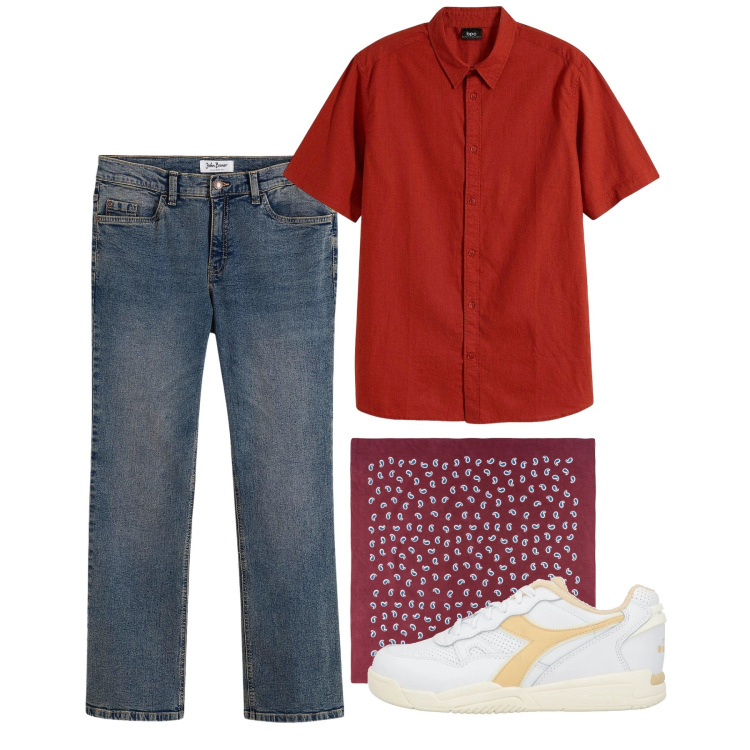 Outfit uomo - Total city. Stile Casual per Tutti i giorni. Abbinamento con jeans bootcut, camicie a manica corta, sneakers, sciarpe e foulard.