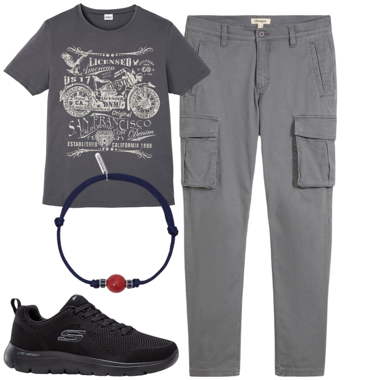 Outfit uomo - Total look #2119239. Stile Casual per Tutti i giorni. Abbinamento con sneakers, t-shirt, pantaloni cargo, braccialetti.
