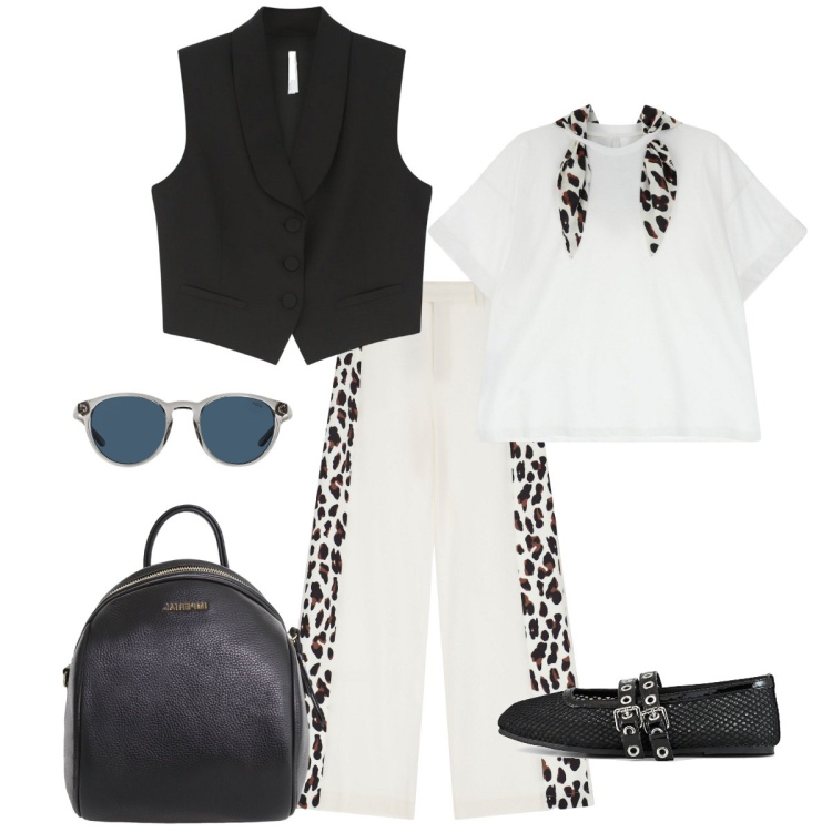 Outfit donna - Total look #2119243. Stile Casual chic per Ufficio. Abbinamento con pantaloni a palazzo, t-shirt, gilet, zaini, occhiali da sole, ballerine.