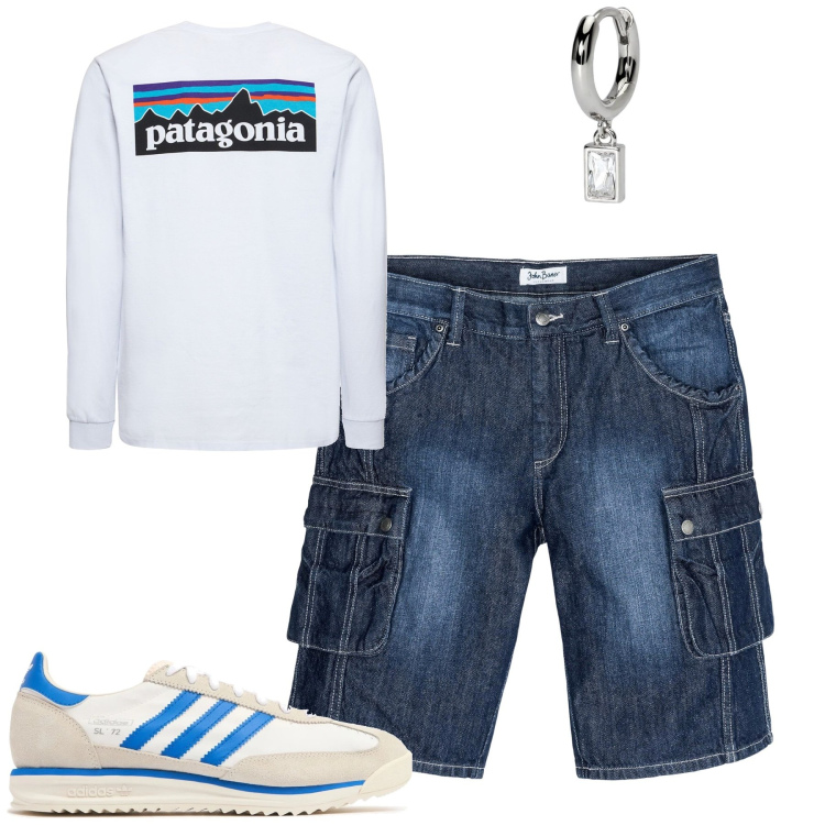 Outfit uomo - City. Stile Casual per Tutti i giorni. Abbinamento con bermuda, orecchini, sneakers, t-shirt.