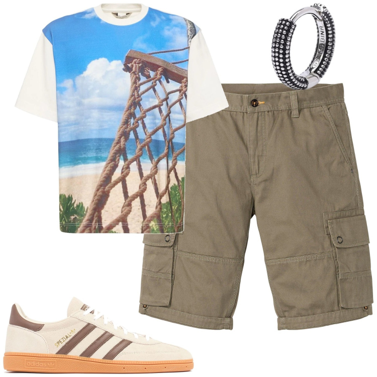 Outfit uomo - Weekend. Stile Casual per Tutti i giorni. Abbinamento con bermuda, orecchini, t-shirt, sneakers.