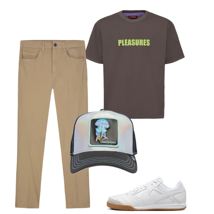 Outfit uomo - City e total city. Stile Casual per Tutti i giorni. Abbinamento con pantaloni, cappelli, sneakers, t-shirt.