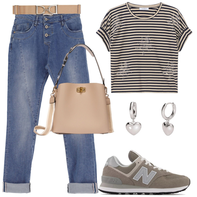 Outfit donna - Una t-shirt per amica. Stile Casual per Tutti i giorni. Abbinamento con cinture, orecchini, sneakers, jeans slim fit, t-shirt, borse a secchiello.