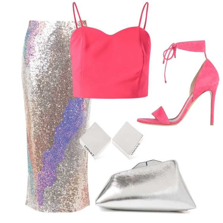 Outfit donna - Glamour. Stile Glamour per Serata fuori. Abbinamento con sandali in pelle, top, gonne longuette, pochette, orecchini.