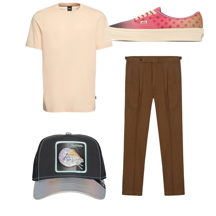 Outfit uomo - Total look. Stile Urban per Tutti i giorni. Abbinamento con pantaloni, cappelli con visiera, t-shirt, sneakers.