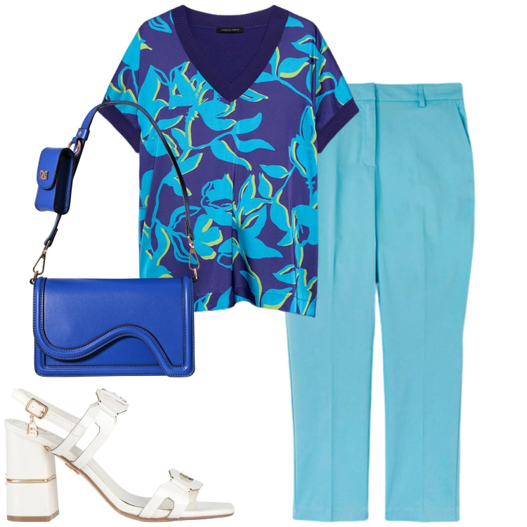 Outfit donna - City. Stile Urban per Tutti i giorni. Abbinamento con sandali col tacco, pochette, bluse, pantaloni.