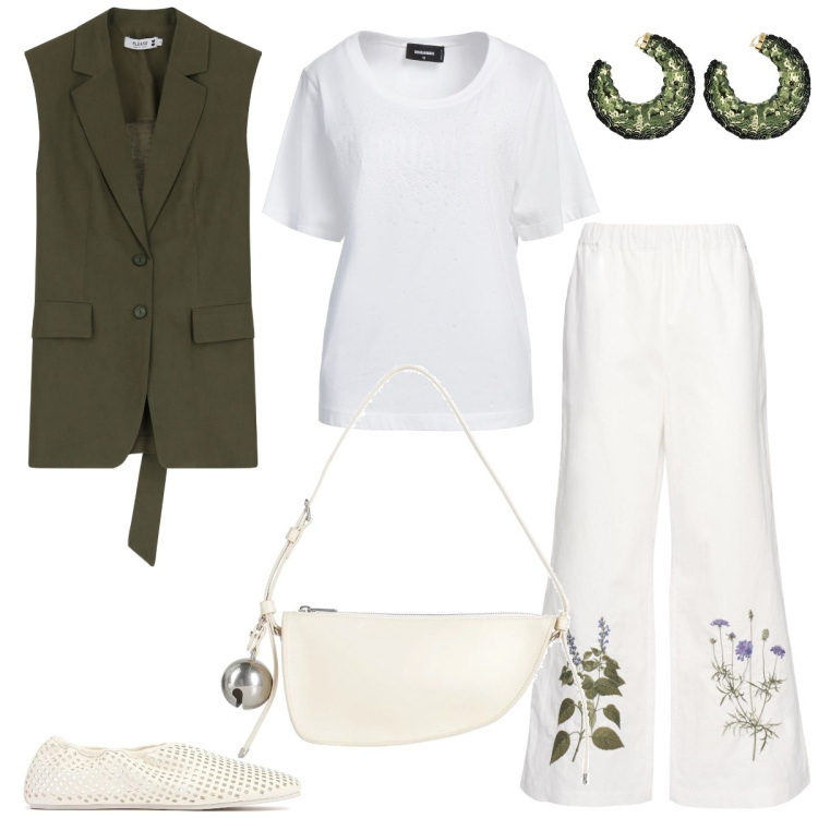 Outfit donna - Passeggiata. Stile Casual chic per Tutti i giorni. Abbinamento con t-shirt, borse a mano, gilet, pantaloni, orecchini, ballerine.