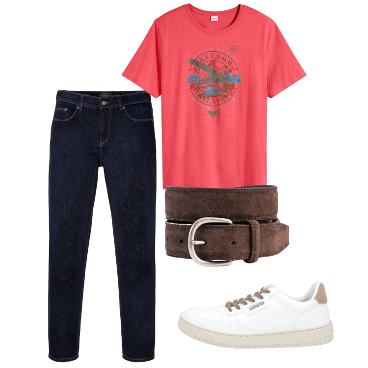 Outfit uomo - Total city e total look. Stile Casual per Tutti i giorni. Abbinamento con jeans dritti, t-shirt, sneakers, cinture.