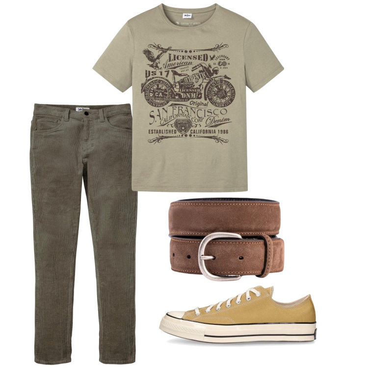 Outfit uomo - City. Stile Casual per Tutti i giorni. Abbinamento con t-shirt, pantaloni, cinture, sneakers.