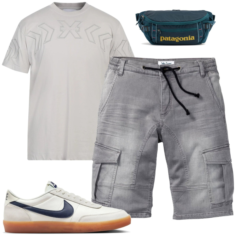Outfit uomo - City. Stile Casual per Tutti i giorni. Abbinamento con bermuda, t-shirt, sneakers, borse sportive.