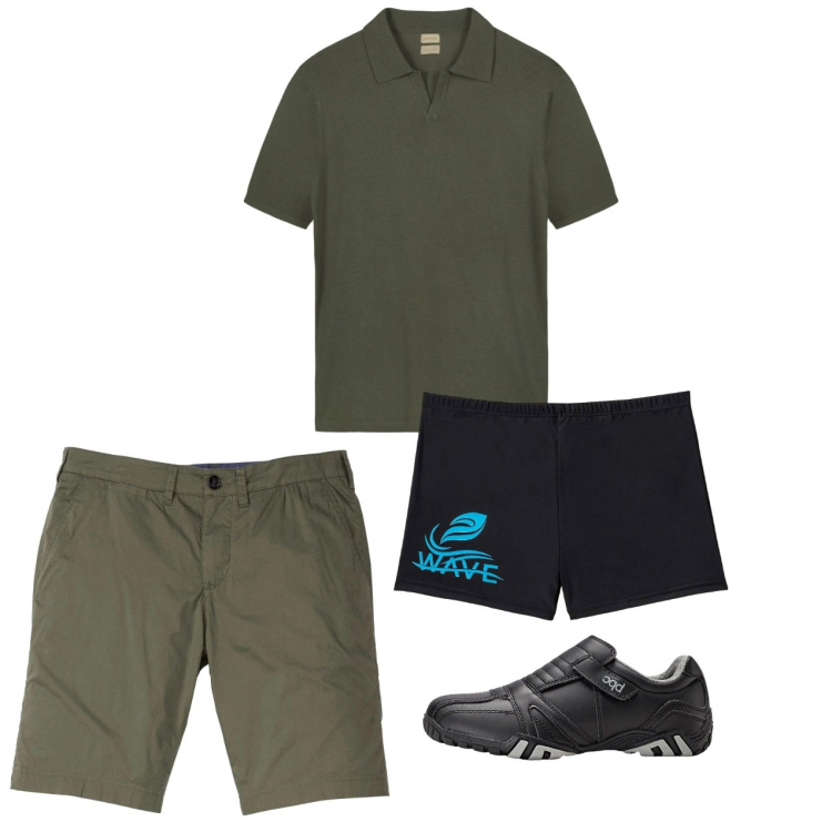 Outfit uomo - Total city e total look. Stile Casual per Mare. Abbinamento con scarpe stringate, bermuda, costumi, polo.