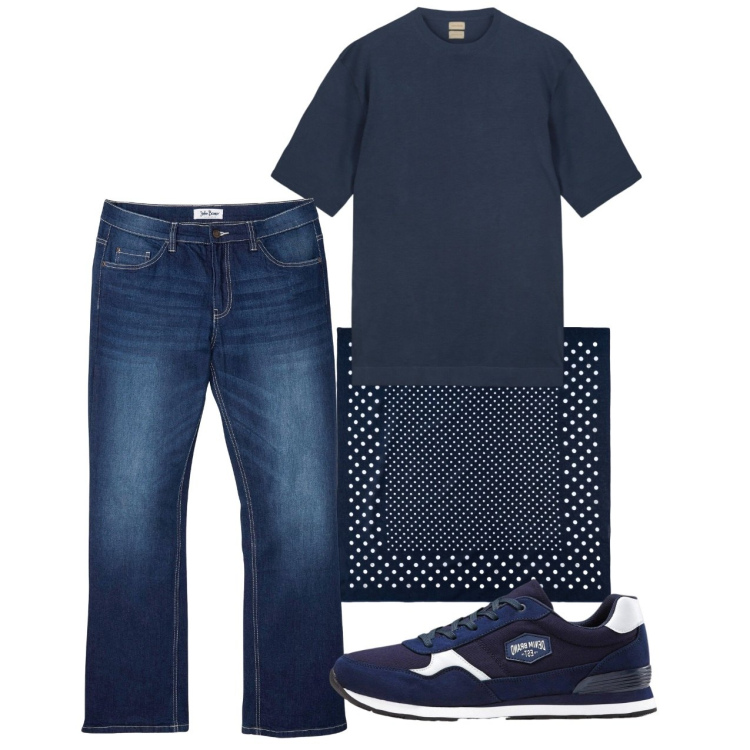 Outfit uomo - Total city e total look. Stile Casual per Tutti i giorni. Abbinamento con sneakers, jeans bootcut, t-shirt, sciarpe e foulard.