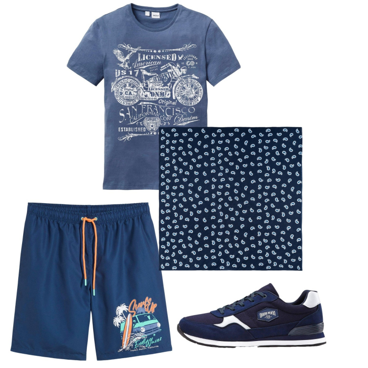 Outfit uomo - City e total city. Stile Casual per Tutti i giorni. Abbinamento con sneakers, t-shirt, pantaloni corti, sciarpe e foulard.