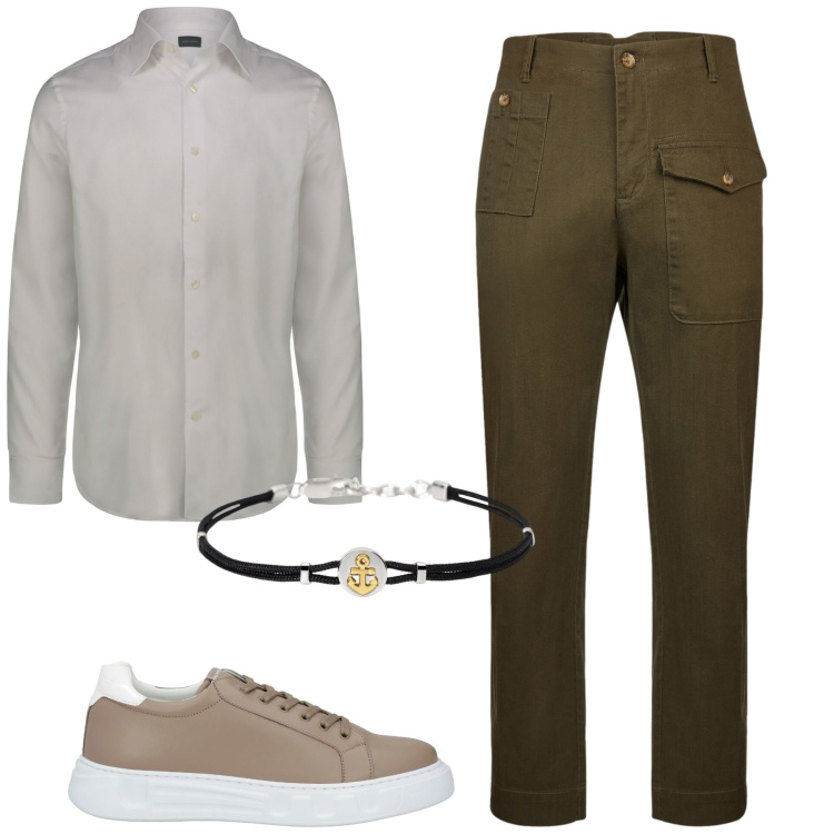 Outfit uomo - City. Stile Trendy per Tutti i giorni. Abbinamento con sneakers, braccialetti, camicie, pantaloni.