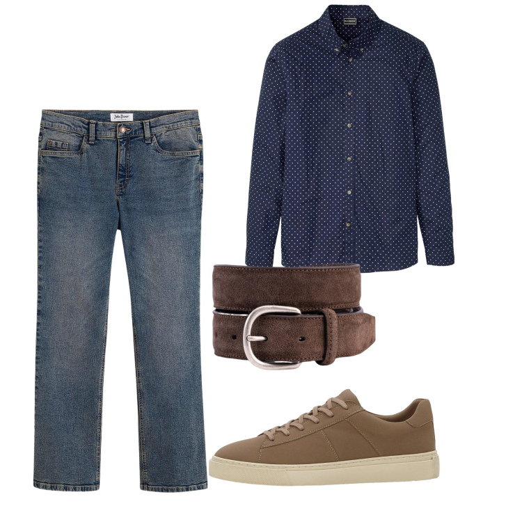 Outfit uomo - City chi ha una vita. Stile Casual per Tutti i giorni. Abbinamento con jeans bootcut, camicie, sneakers, cinture.