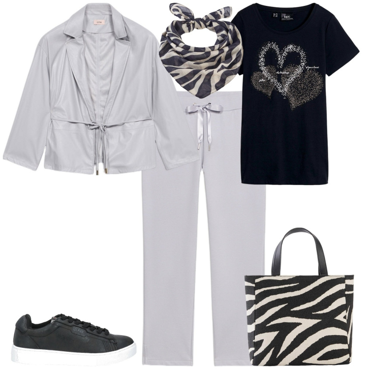 Outfit donna - Tempo libero ufficio. Stile Sporty chic per Ufficio. Abbinamento con t-shirt, borse a mano, foulard, sneakers, blazer, pantaloni.