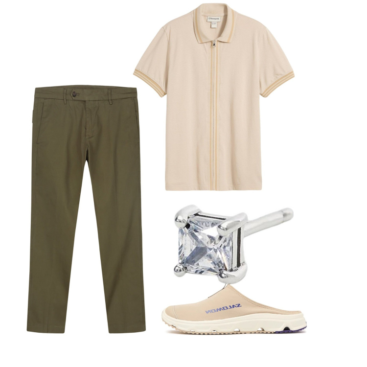 Outfit uomo - City chi ha una vita. Stile Casual per Tutti i giorni. Abbinamento con polo, orecchini, pantaloni chino, sneakers.