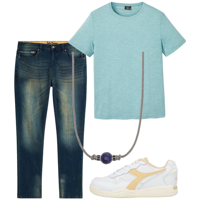 Outfit uomo - City chi ha una vita. Stile Casual per Tutti i giorni. Abbinamento con jeans slim fit, t-shirt, sneakers, collane.