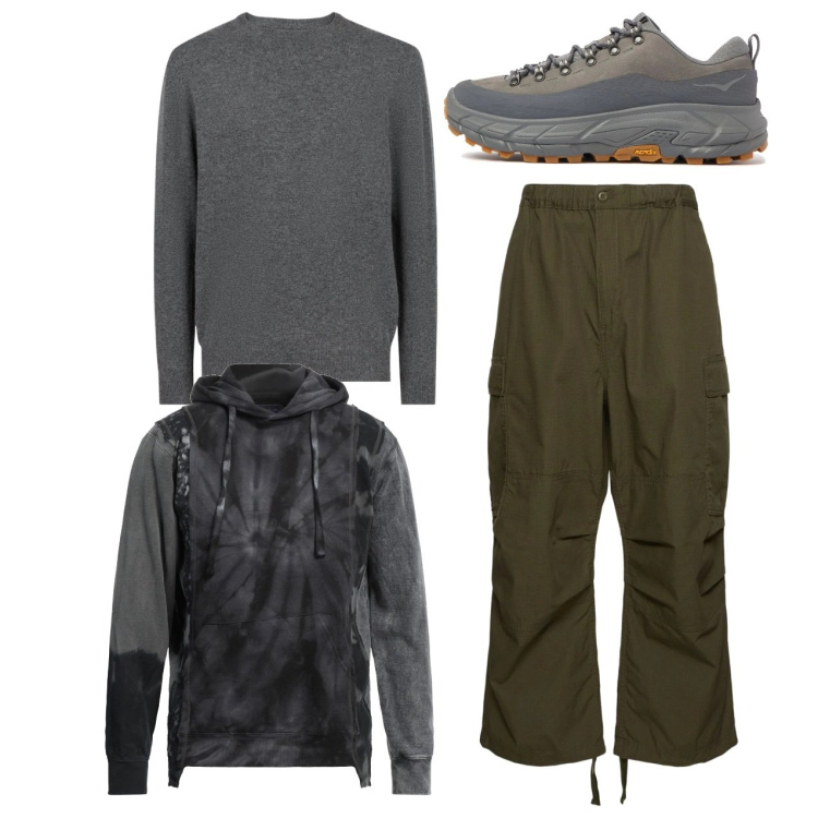 Outfit uomo - City. Stile Casual per Tutti i giorni. Abbinamento con felpe con cappuccio, maglieria, sneakers, pantaloni cargo.